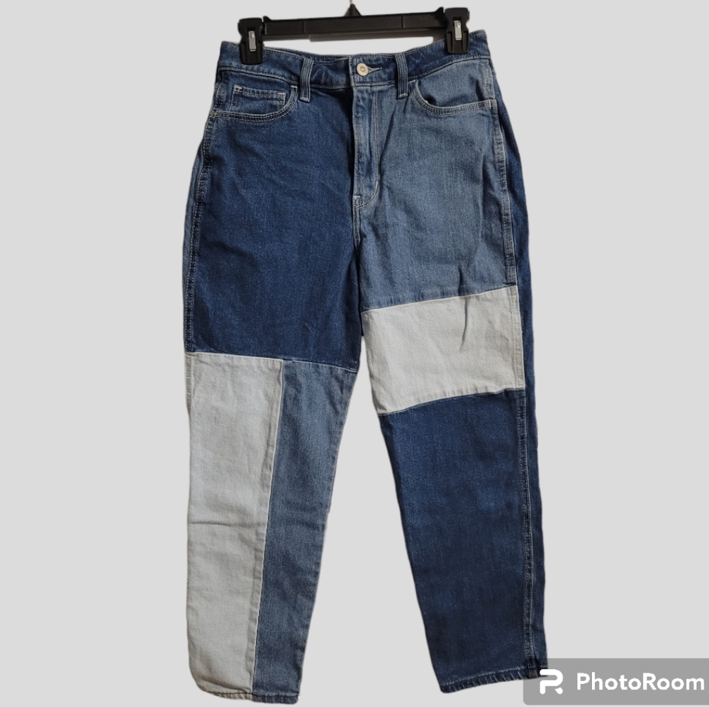 Hollister Utra High-Rise Mom Jeans 27x25 (5S) Blue Stretch Patchwork Colorblock